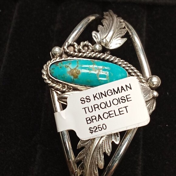 Navajo Handmade Women's Cuff Bracelet Beautiful (Kingman Mined Turquoise) - Picture 6 of 7